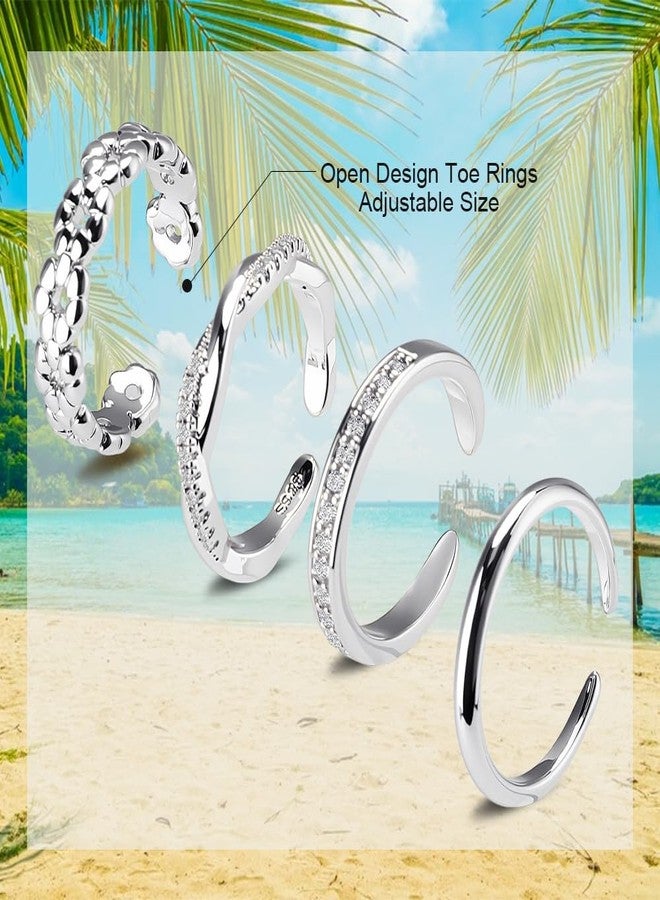 Mannikesi 4Pcs Silver Toe Rings for Women, Adjustable Toe Rings Simple Open Band, Summer Beach Foot Jewelry Set Toe Ring Silver, Sterling Silver Rings for Gift - Image 2